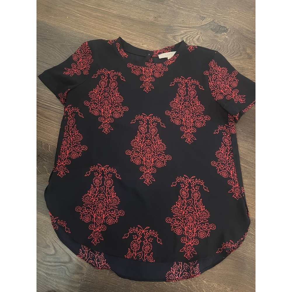LOFT Womens Medium Short Sleeve Floral‎ Print Blouse Black Red Keyhole Back